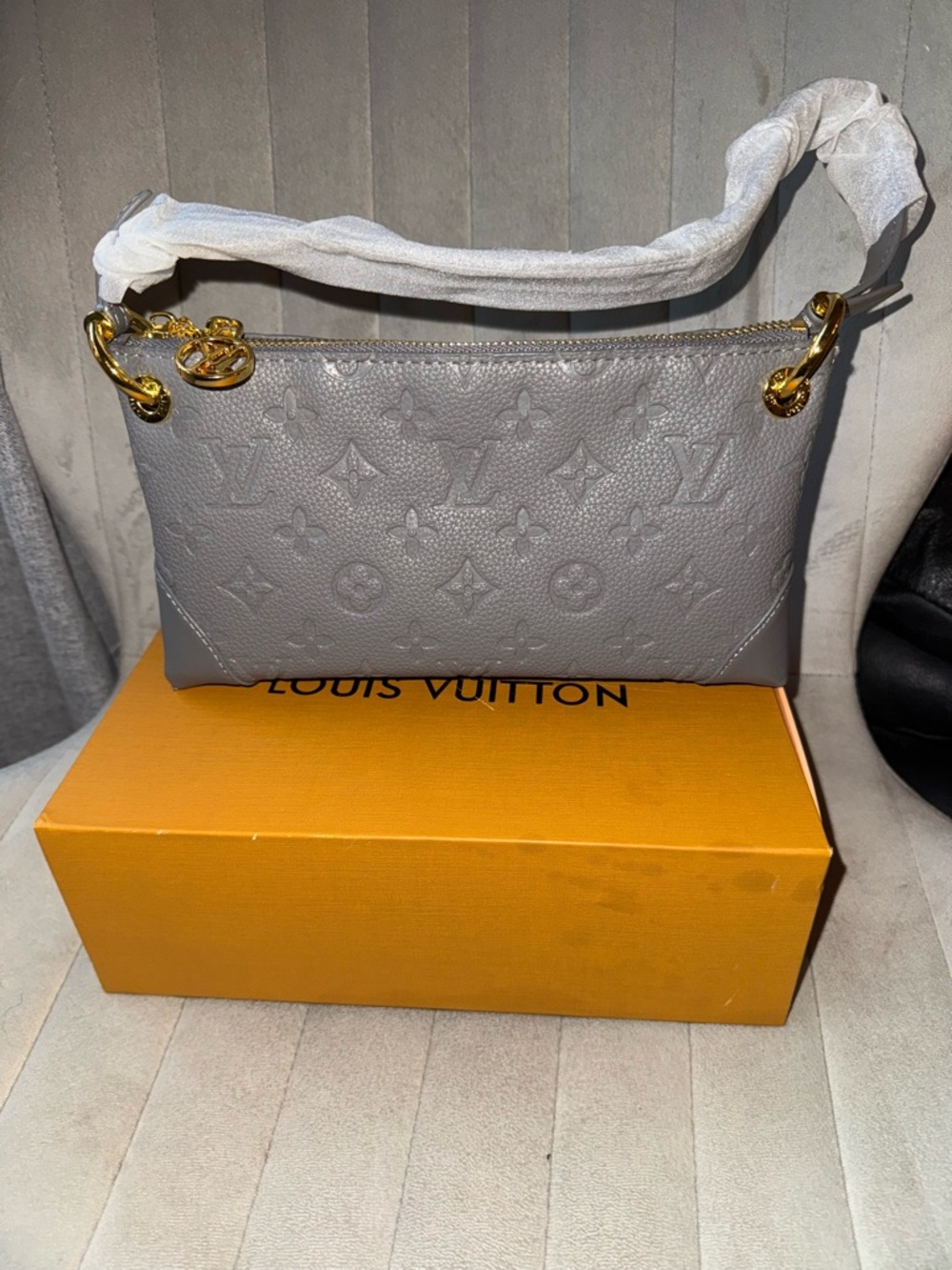 Gray Monogram Embossed Shoulder Bag with Gold Hardware